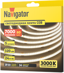 Лента светодиодная Navigator 24V 12Вт 3000К IP20 бухта 5м белая 40637