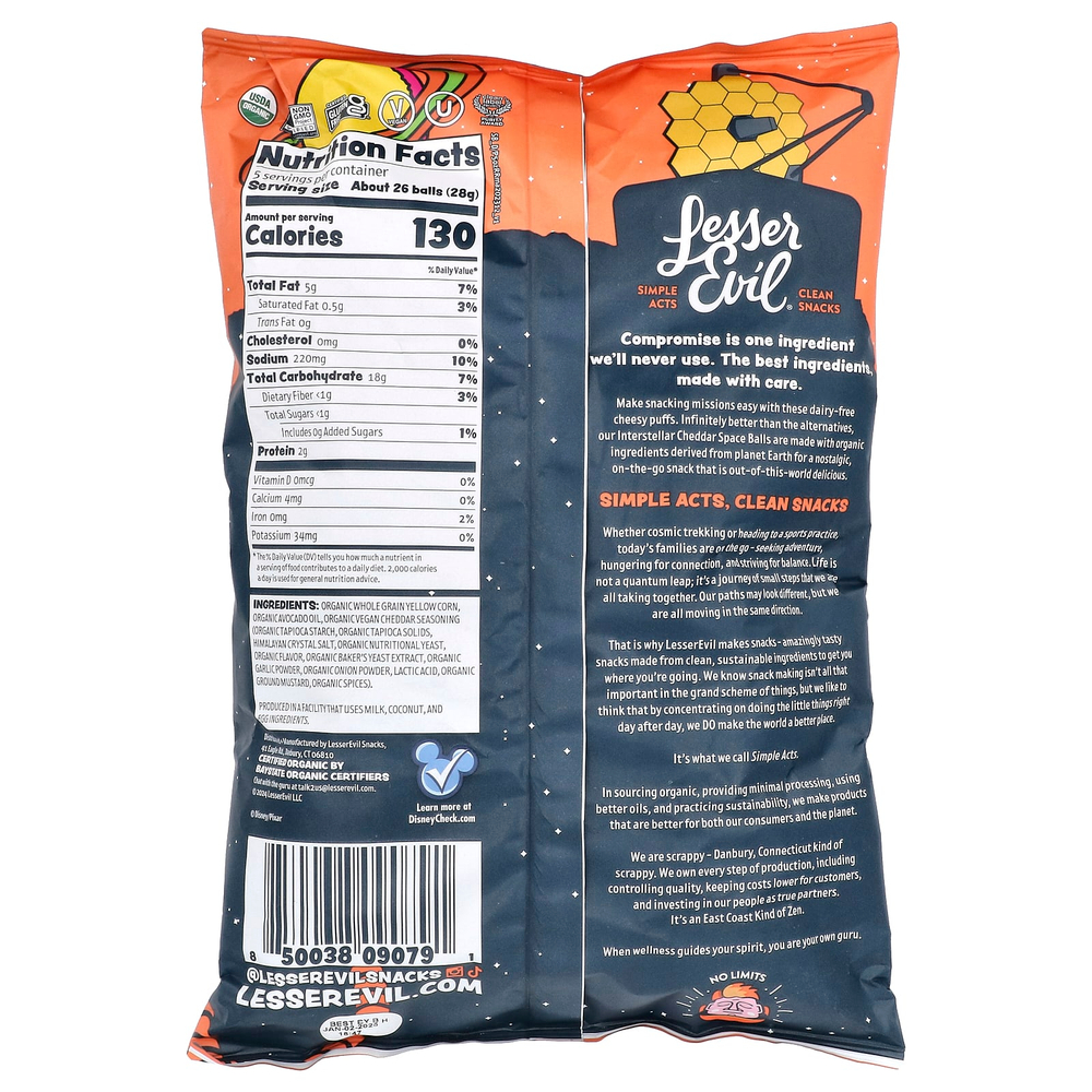 LesserEvil, Space Balls, межзвездный чеддер с органическим маслом авокадо, 142 г (5 унций)