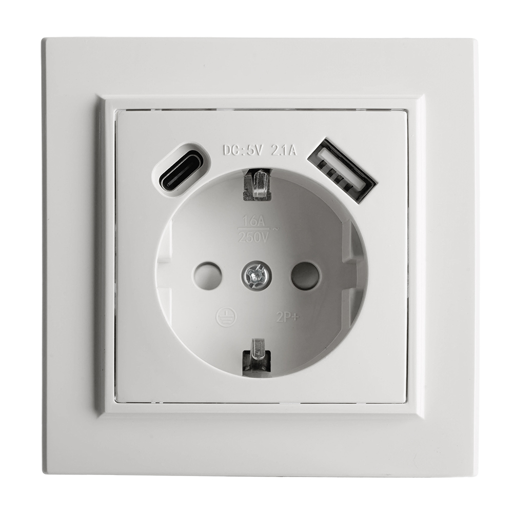 Розетка 1-местная STEKKER, PST16-9016-01, 250В, 2.1А с USB+ type C, серия Эрна, белый 50076