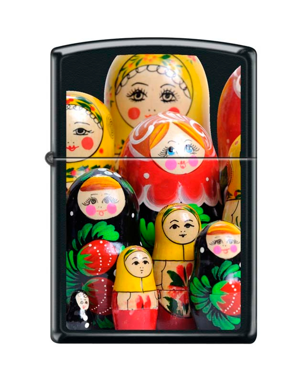 Легендарная классическая американская бензиновая широкая зажигалка ZIPPO Classic  Black Matte™ чёрная матовая из латуни и стали изображение русских матрёшек ZP-218 MATROSHKA DOLL