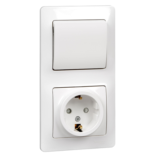 Schneider Electric Glossa Белый Блок: розетка с заземляющими контактами со шторками и выключатель 1-клавишный IP20 скрытая установка GSL000170