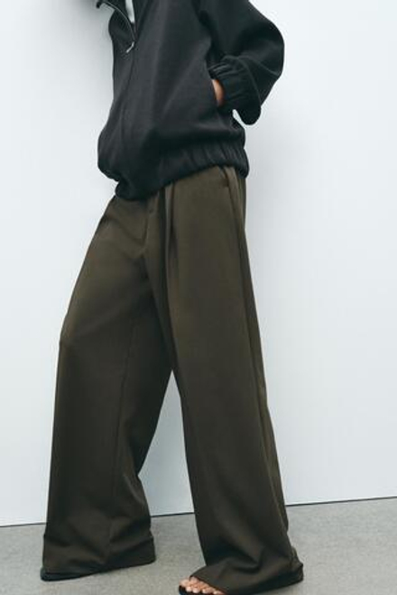 ZARA БРЮКИ С ЗАЩИПАМИ, СЕРО-КОРИЧНЕВЫЙ