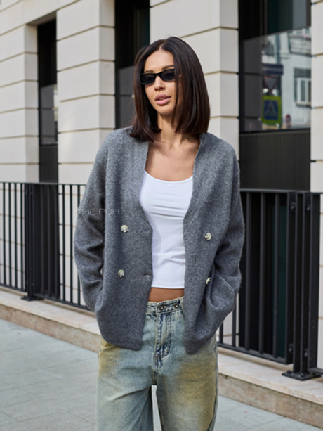 Серый кашемировый кардиган с шалевым воротником