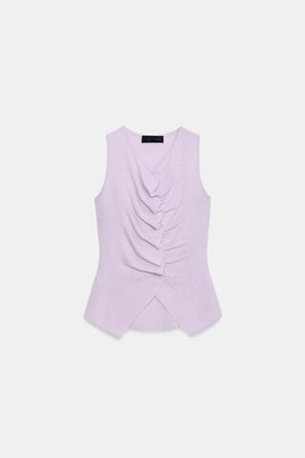 ZARA ТРИКОТАЖНЫЙ ТОП СО СБОРКАМИ, СВЕТЛО-СИРЕНЕВЫЙ