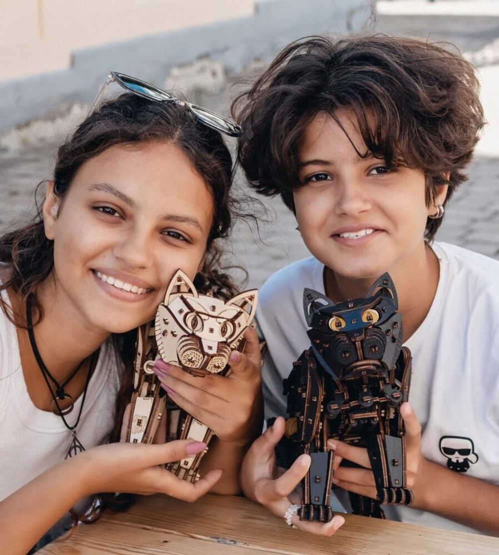 Механический Черный Кот от Eco Wood Art (EWA) - Деревянный конструктор, сборная механическая модель, 3D Пазл