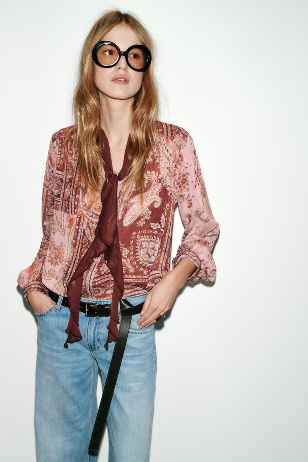 ZARA БЛУЗА С ПРИНТОМ И БАНТОМ, РАЗНОЦВЕТНЫЙ