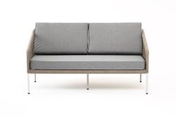 "Канны" диван 2-местный плетеный из роупа, каркас алюминий светло-серый (RAL7035) муар, роуп серый меланж круглый, ткань светло-серая