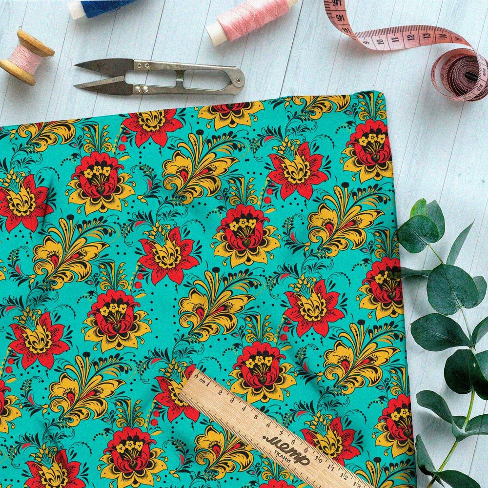Ткань оксфорд 210 редкая цветочная хохлома на бирюзовом фоне