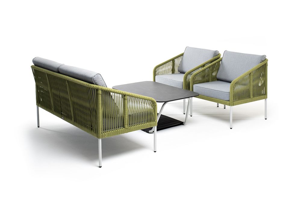 "Канны" лаунж-зона 4-местная из роупа со столом "Глория" (серый гранит), каркас алюминиевый светло-серый, роуп салатовый меланж
