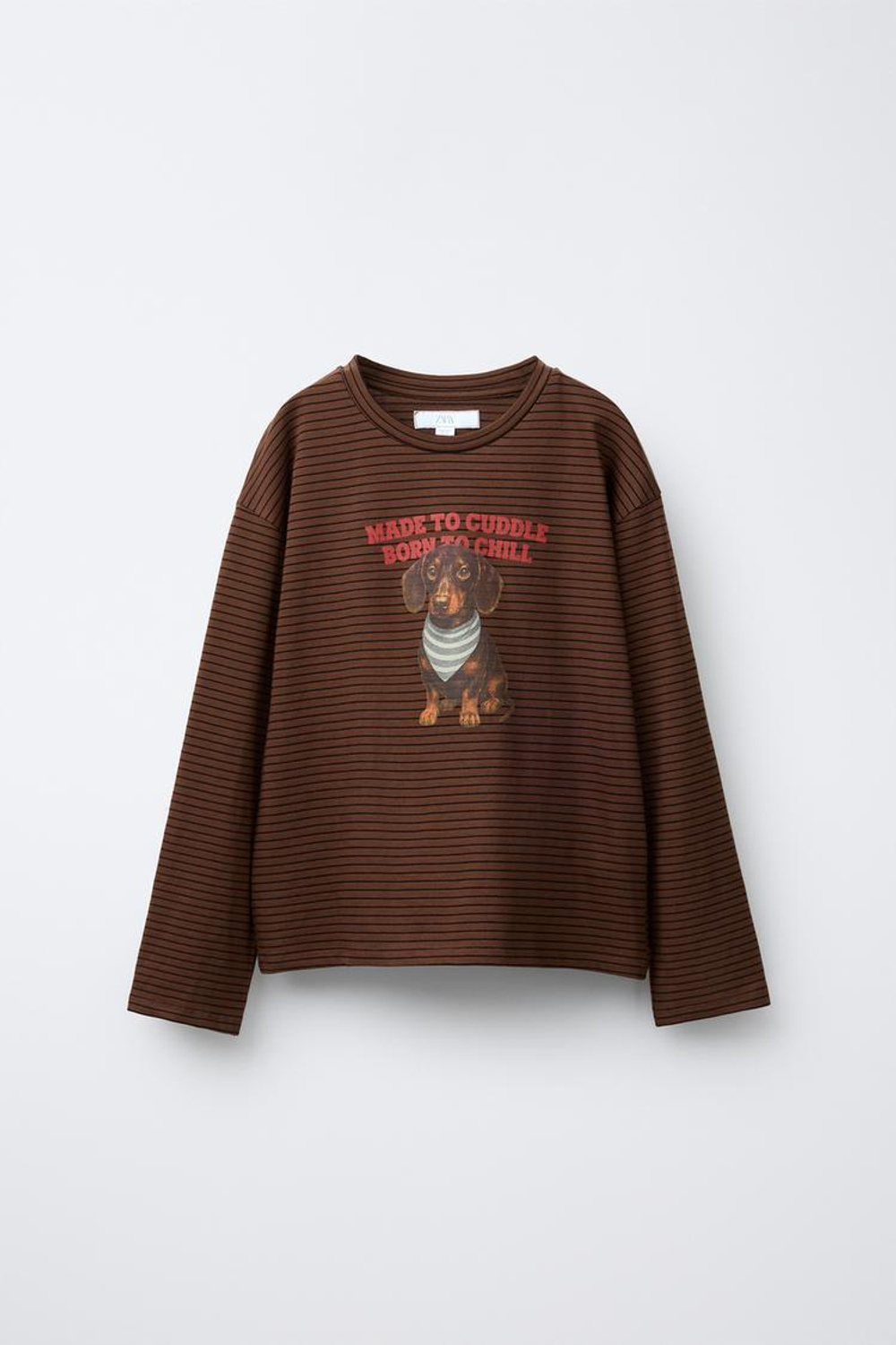 ZARA ФУТБОЛКА В ПОЛОСКУ С СОБАКОЙ, КОРИЧНЕВЫЙ