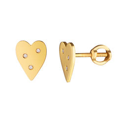 серьги (пара) «сердце» с тремя бриллиантами из желтого золота