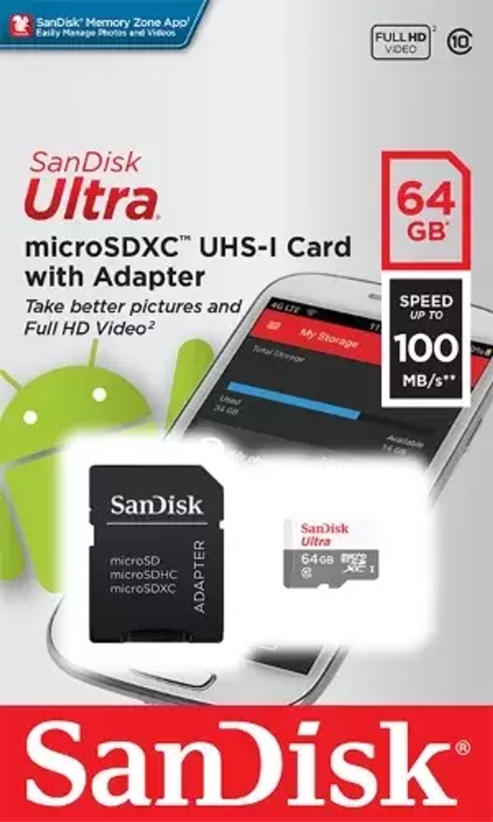 Карта памяти SanDisk microSDXC Ultra Class 10 UHS-I U1 (100/10MB/s) 64GB + Адаптер