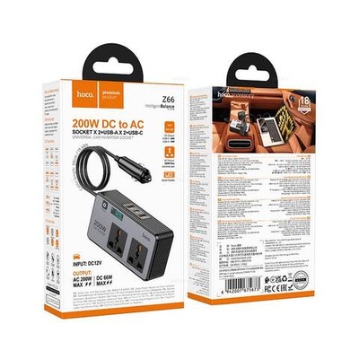 Hoco Z66 New универсальный автомобильный инвертор с 2 розетками (PD66W/1C2A)