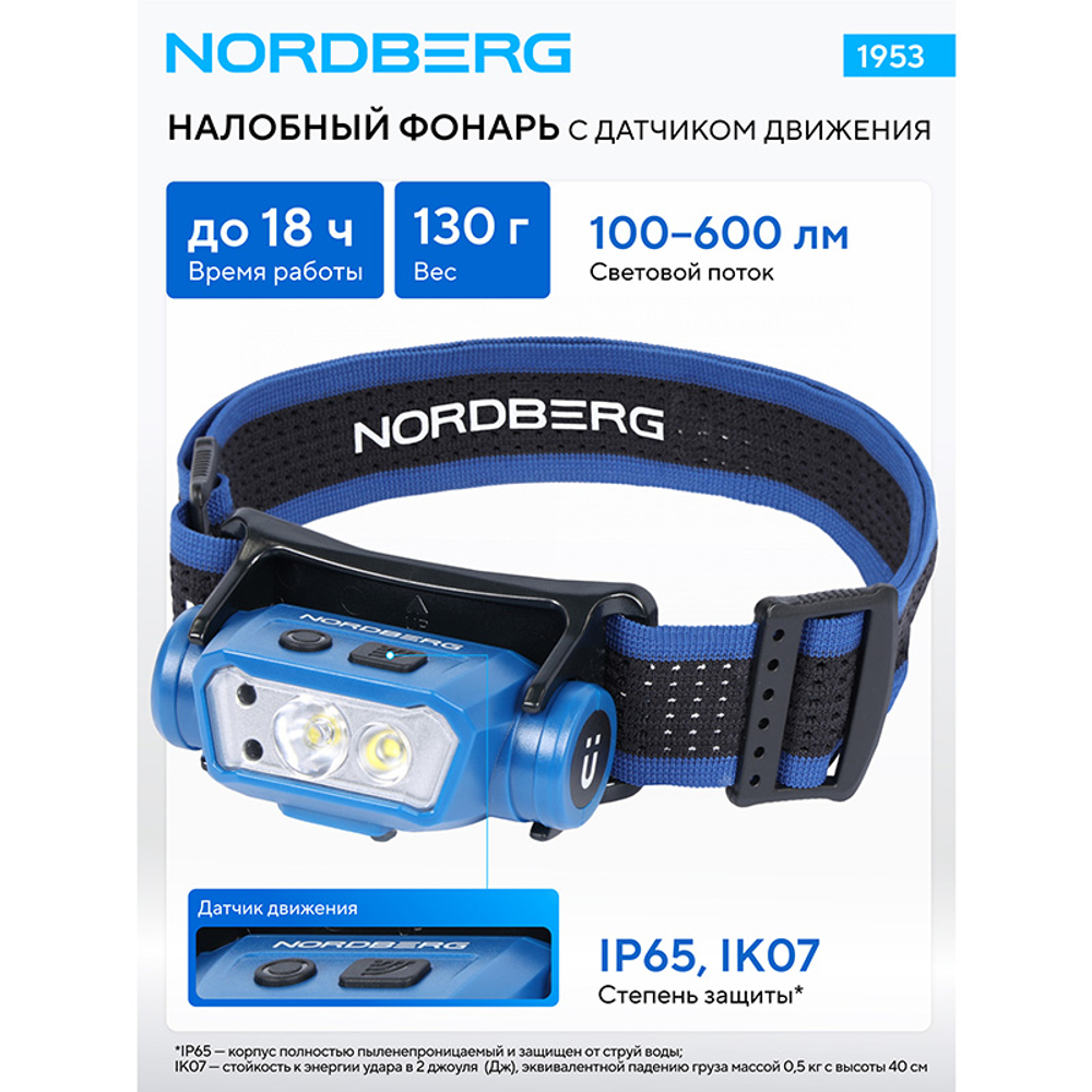NORDBERG (1953) Фонарь светодиодный налобный, аккумуляторный, 3,7 В c датчиком движения