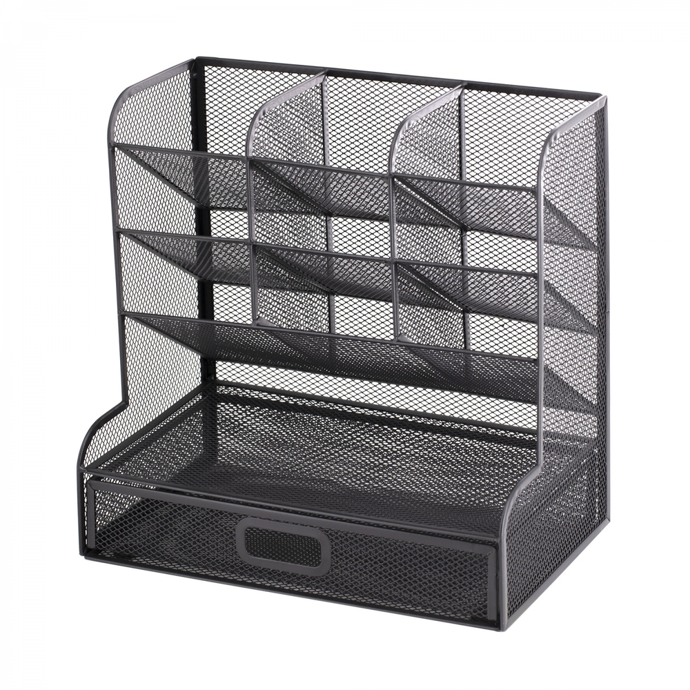 Подставка-органайзер д/канцтоваров, Alingar, металлическая, 27*15*27 см, 11 отделений, выдвижной ящик, черный