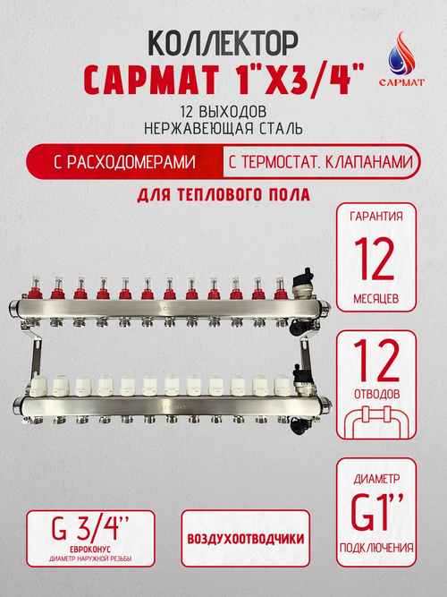 Коллекторная группа с расходомерами САРМАТ 1"x3/4" 12 вых. нерж с в /о SS2200 (CN)