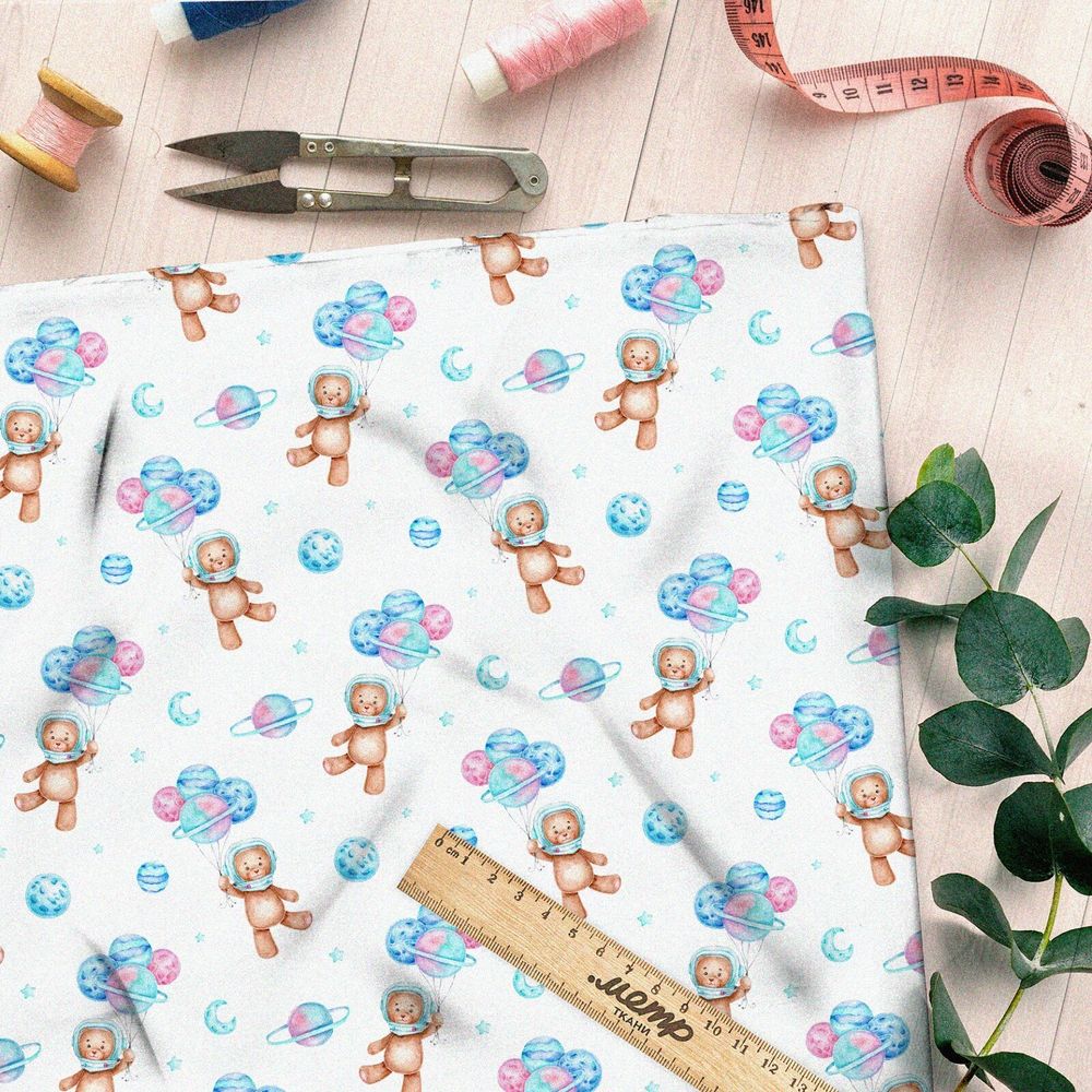 Ткань поплин мишки-космонавты с воздушными шарами