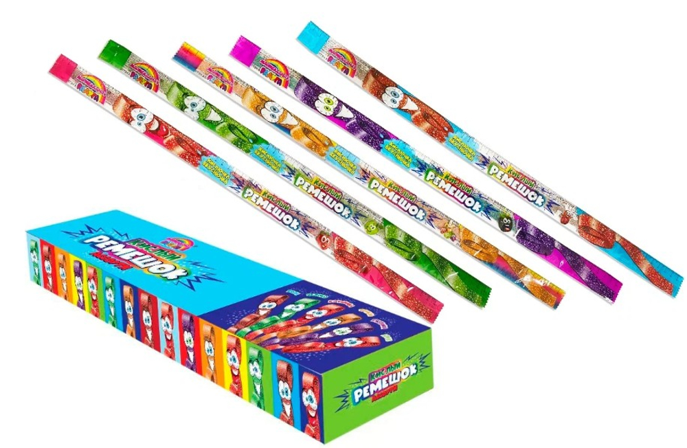 Жевательный мармелад в кислой обсыпке Мармеладная радуга (ремешки, ассорти), 54*15г;