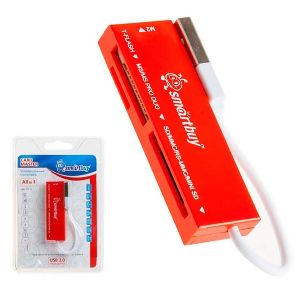 Картридер Smartbuy 717, USB 2.0 - SD/microSD/MS/M2, (SBR-717-R) (красный)