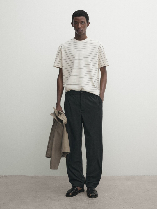Massimo Dutti Футболка из 100% хлопка средней плотности в полоску, натуральный, кремовый
