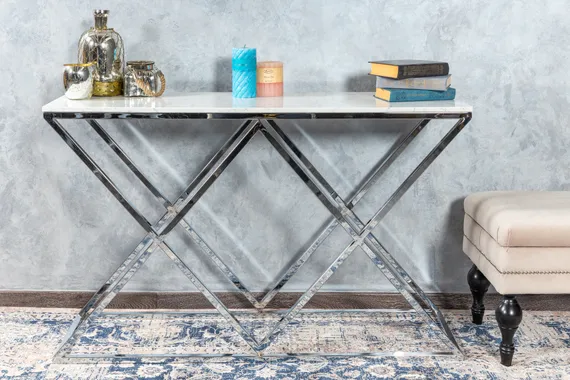 Консоль Triangles 120х74 см, белый мрамор, серебро