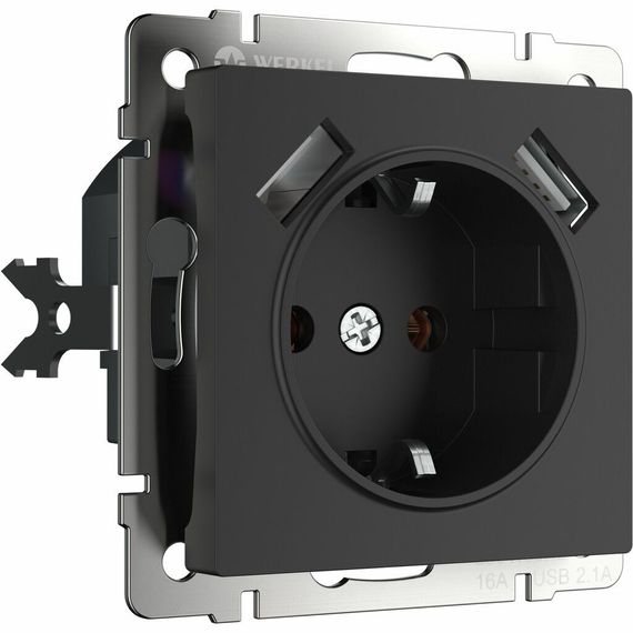 Розетка Werkel с заземлением и шторкой + 2 USB 1800мА черная матовая 25842