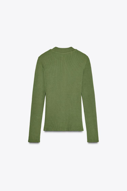 ZARA ФУТБОЛКА ИЗ РИФЛЕНОГО ТРИКОТАЖА С ПУГОВИЦАМИ, ЗЕЛЕНЫЙ/ЭКРЮ