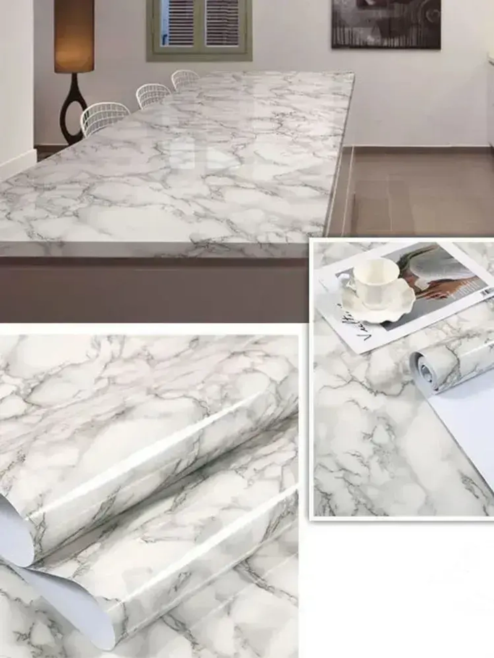 Самоклеящаяся защитная пленка для кухни и мебели /3м на 60см/ мраморная белая