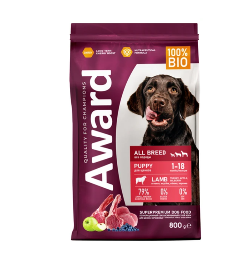 Сухой корм AWARD ДЛЯ ЩЕНКОВ ОТ 1 МЕСЯЦА, БЕРЕМЕННЫХ И КОРМЯЩИХ СУК ВСЕХ ПОРОД с ягненком и индейкой с добавлением яблока и черники