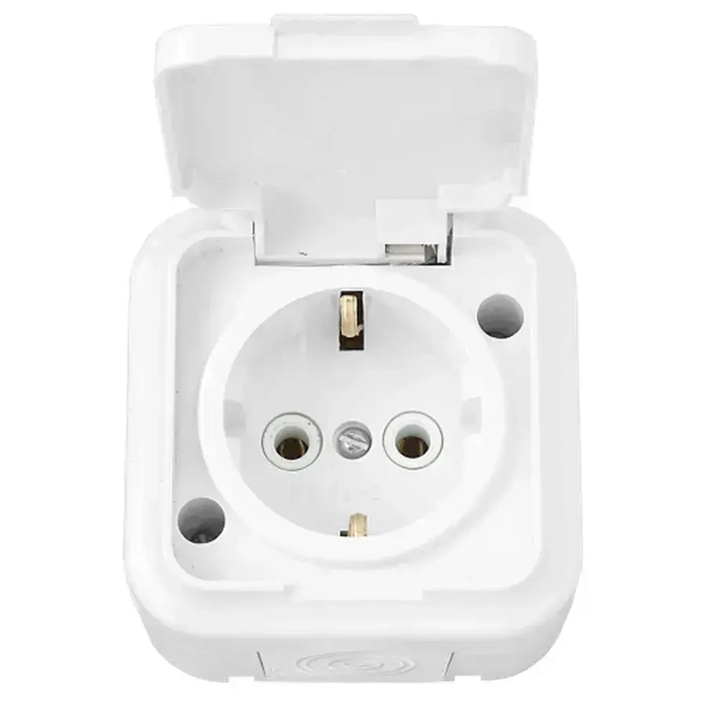 Розетка одноместная, уличная, влагозащищенная, открытой установки 16А, IP54 с заземлением, серия ПР, с крышкой