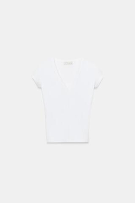 ZARA ФУТБОЛКА С V-ОБРАЗНЫМ ВЫРЕЗОМ, БЕЛЫЙ