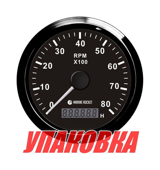 Тахометр 0-8000 об/мин со счетчиком моточасов делитель 1-10, черный циферблат, черный ободок, Marine Rocket (упаковка из 8 шт.)