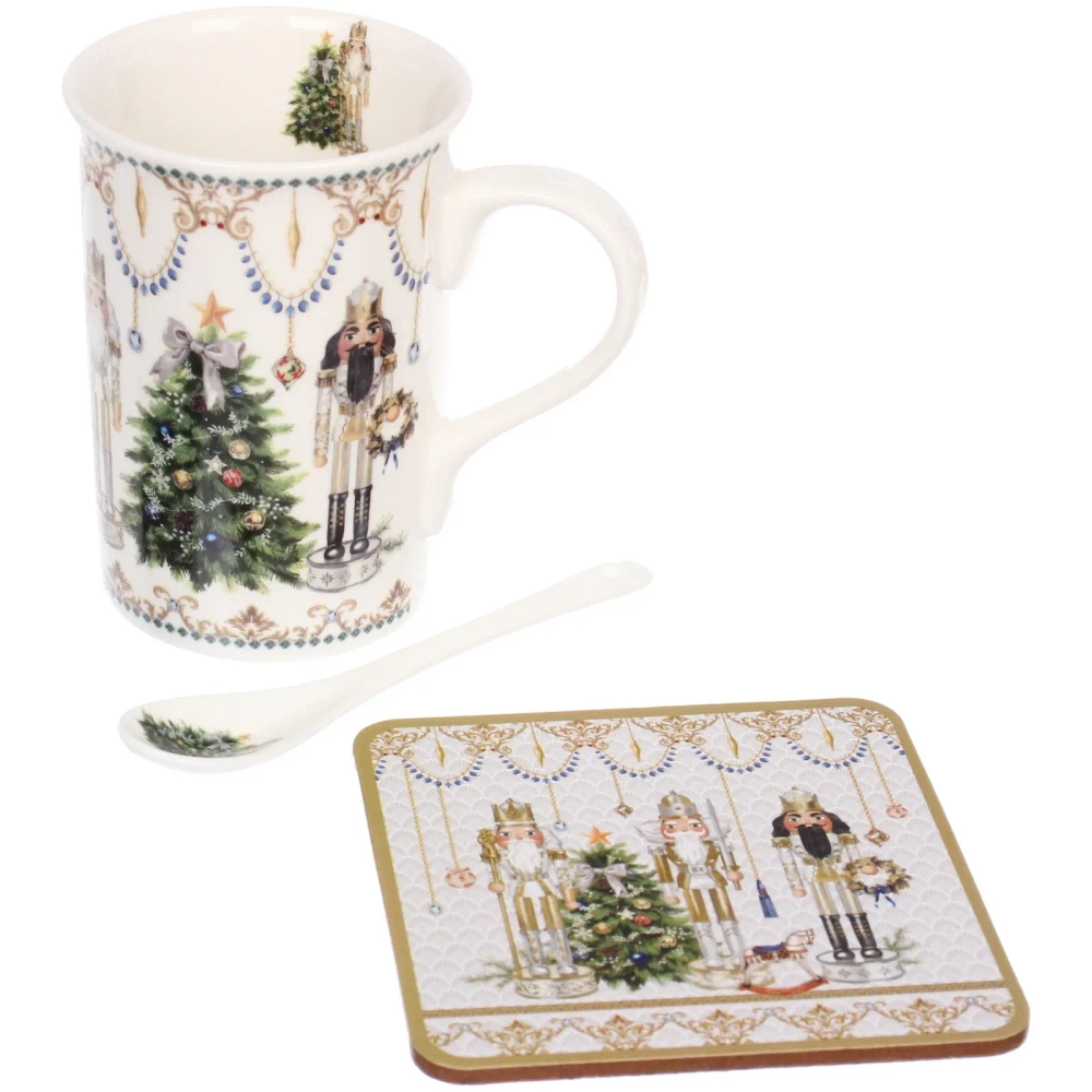 Кружка керамическая 300мл «Щелкунчик» в наборе с ложкой и подставкой, в подарочной коробке