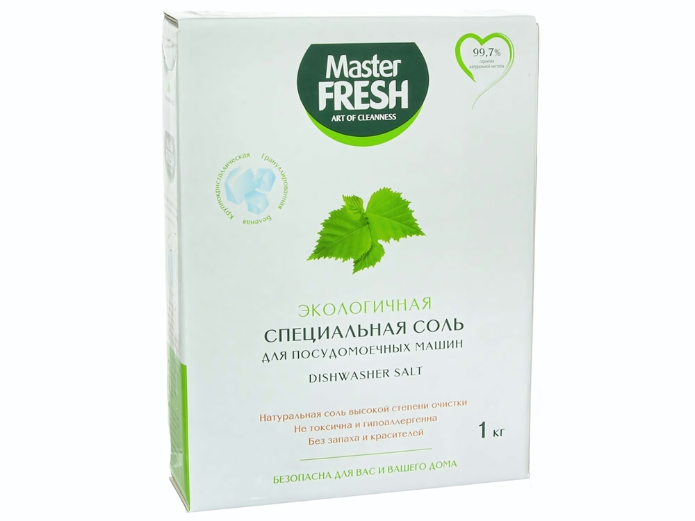 Соль для посудомоечных машин гранулированная, беленая, крупнокристальная, экологичная 1кг