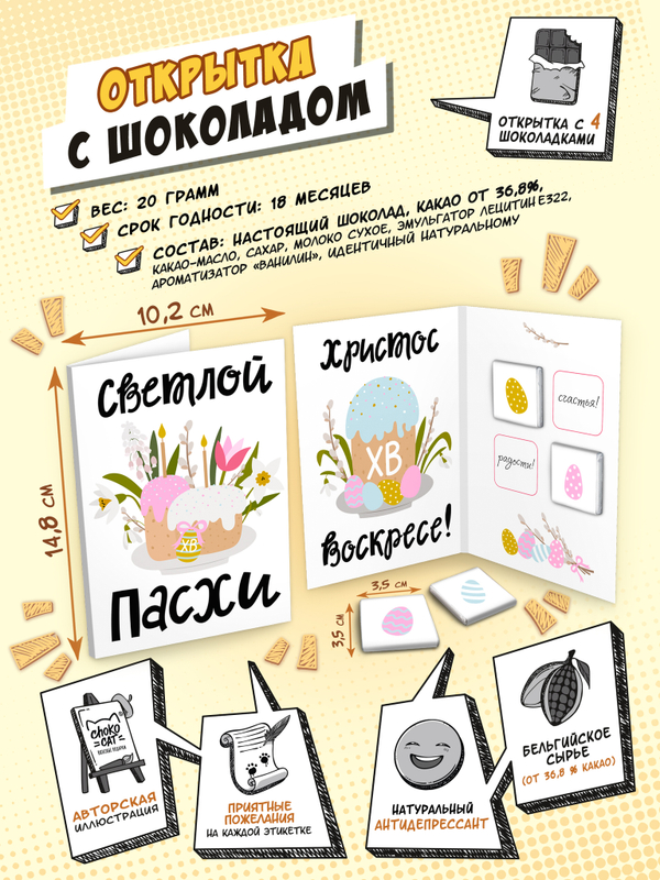 Открытка, СВЕТЛОЙ ПАСХИ, молочный шоколад, 20 гр., TM Chokocat