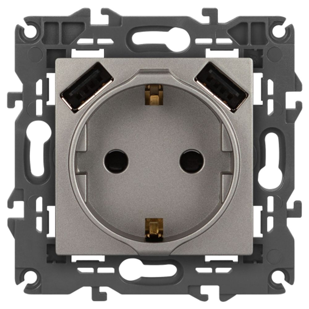 Розетка ЭРА Elegance 14-4109-16 2P+E 16A-250В штор. с 2xUSB 5В-3А титан