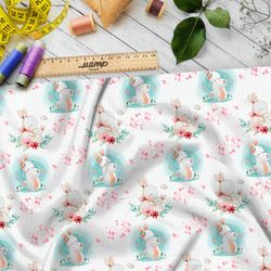 Ткань габардин нежные зайцы на белом фоне