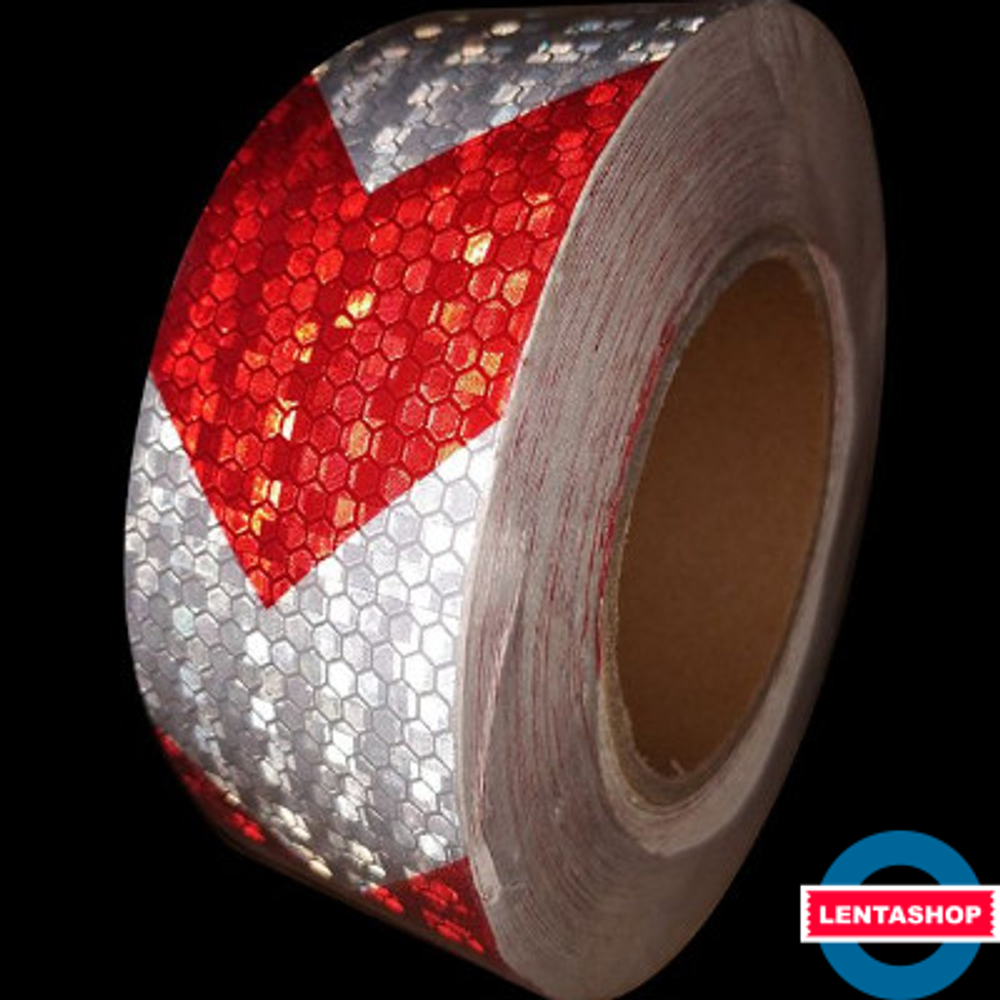 Красно-белая светоотражающая лента самоклеящаяся 100 мм х 15 м