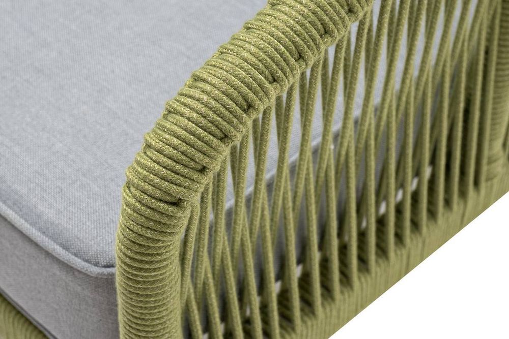 "Канны" кресло плетеное из роупа, каркас алюминий светло-серый (RAL7035) муар, роуп салатовый меланж круглый, ткань светло-серая