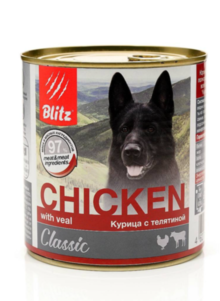 Blitz 400г конс. Classic Влажный корм для взрослых собак Курица и телятина