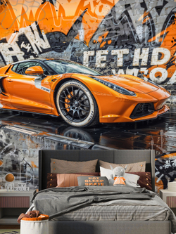 3D Фотообои лофт ярко-оранжевый автомобиль