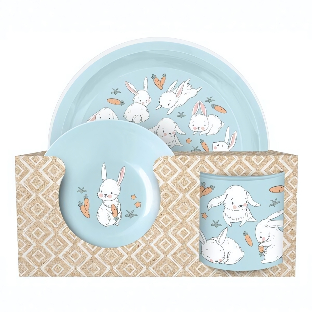 Набор детской посуды с декором "Зайчата" тарелка D215мм, миска D130мм, кружка 280мл (светло-голубой) в упаковке