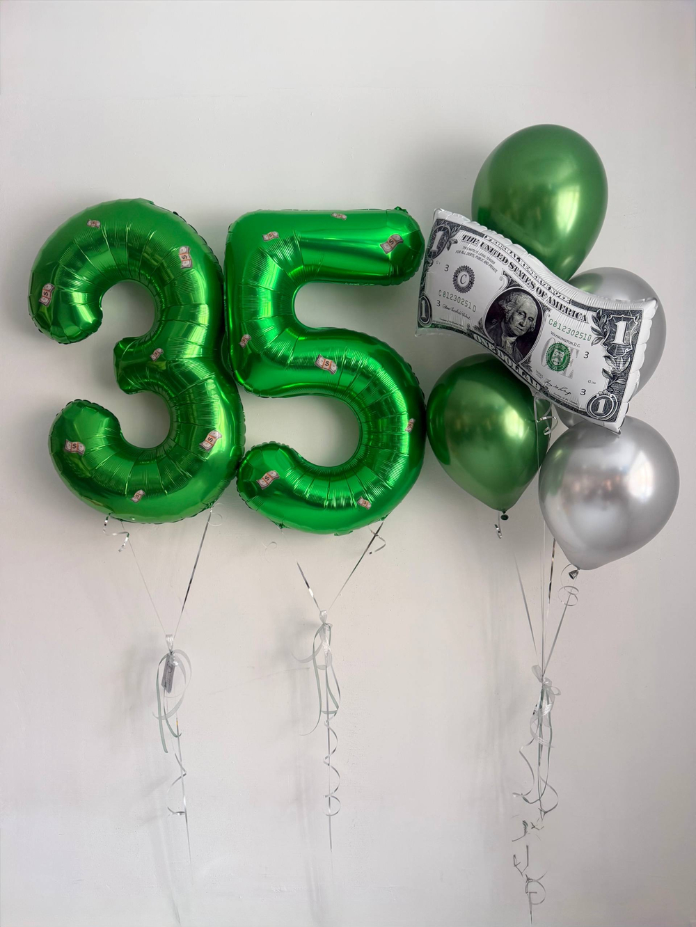 Воздушные гелиевые шары зеленый/серебро доллар цифры зеленые №4590