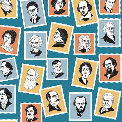 Марки с великими писателями на синем фоне