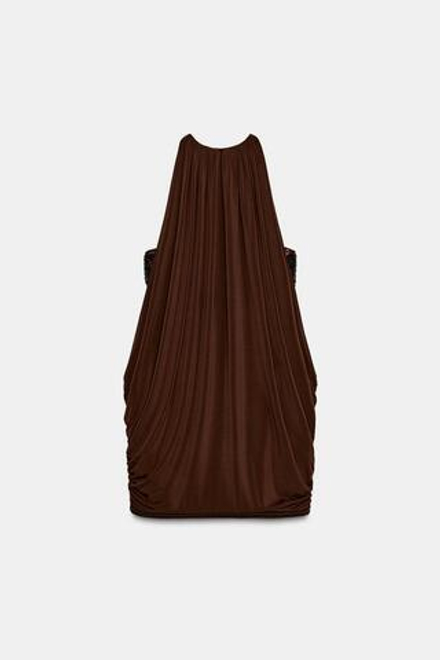 ZARA ПЛАТЬЕ-БАЛЛОН С ПАЙЕТКАМИ, СЕРО-КОРИЧНЕВЫЙ