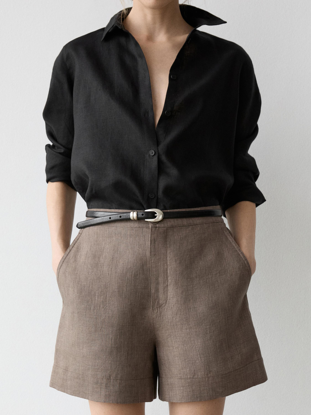 Massimo Dutti Короткие льняные бермуды, серо-коричневый