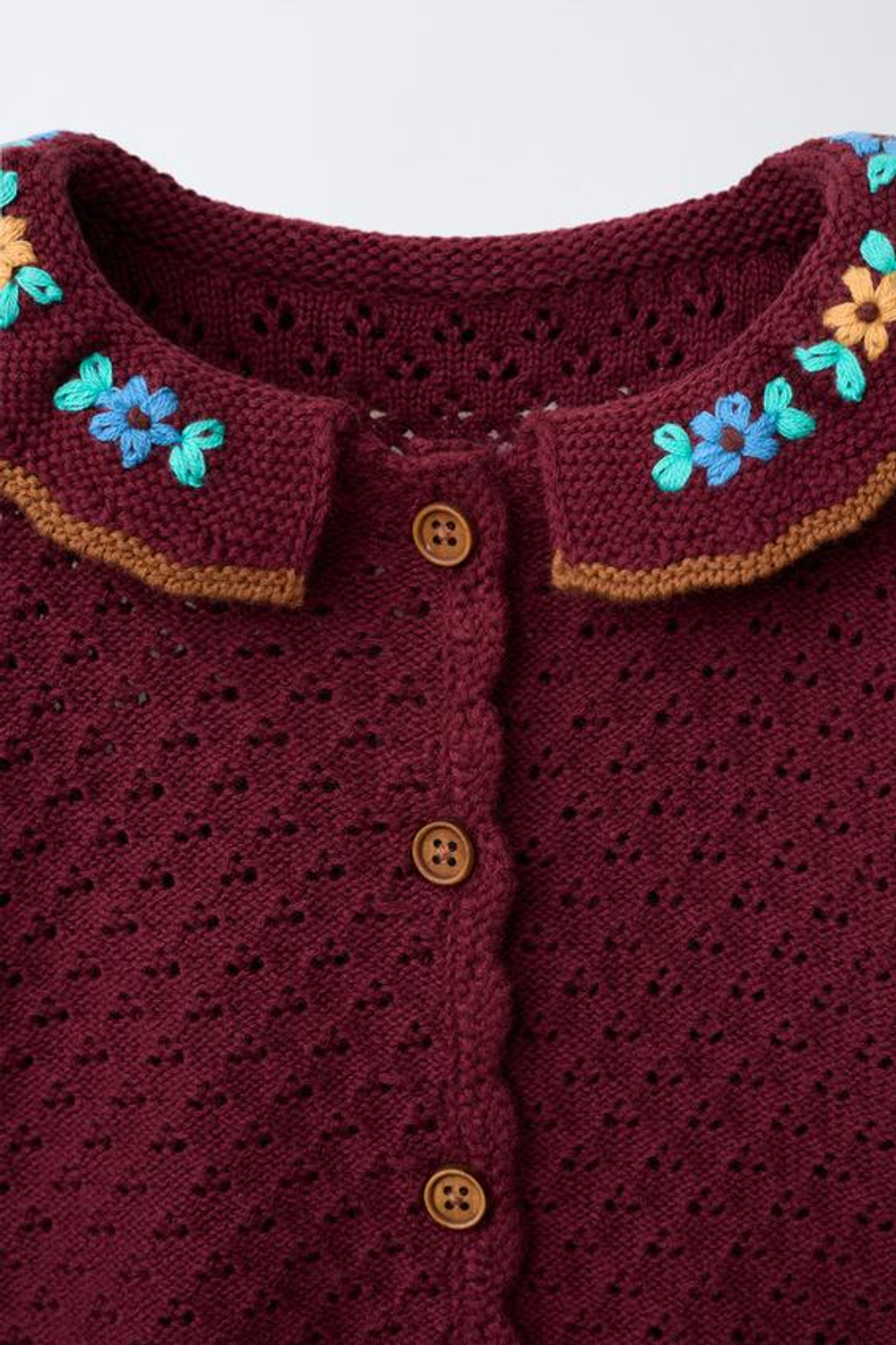 ZARA ТРИКОТАЖНЫЙ КАРДИГАН С ВЫШИВКОЙ ИЗ ХЛОПКА И ЛЬНА, ТЕМНО-БОРДОВЫЙ