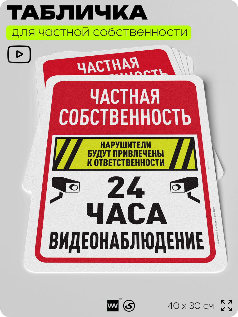 Табличка для частной территории "Частная собственность, видеонаблюдение 24 часа", на дом, для участка, организаций, предупреждающая, 40х30 см, Silver Plane x Айдентика Технолоджи