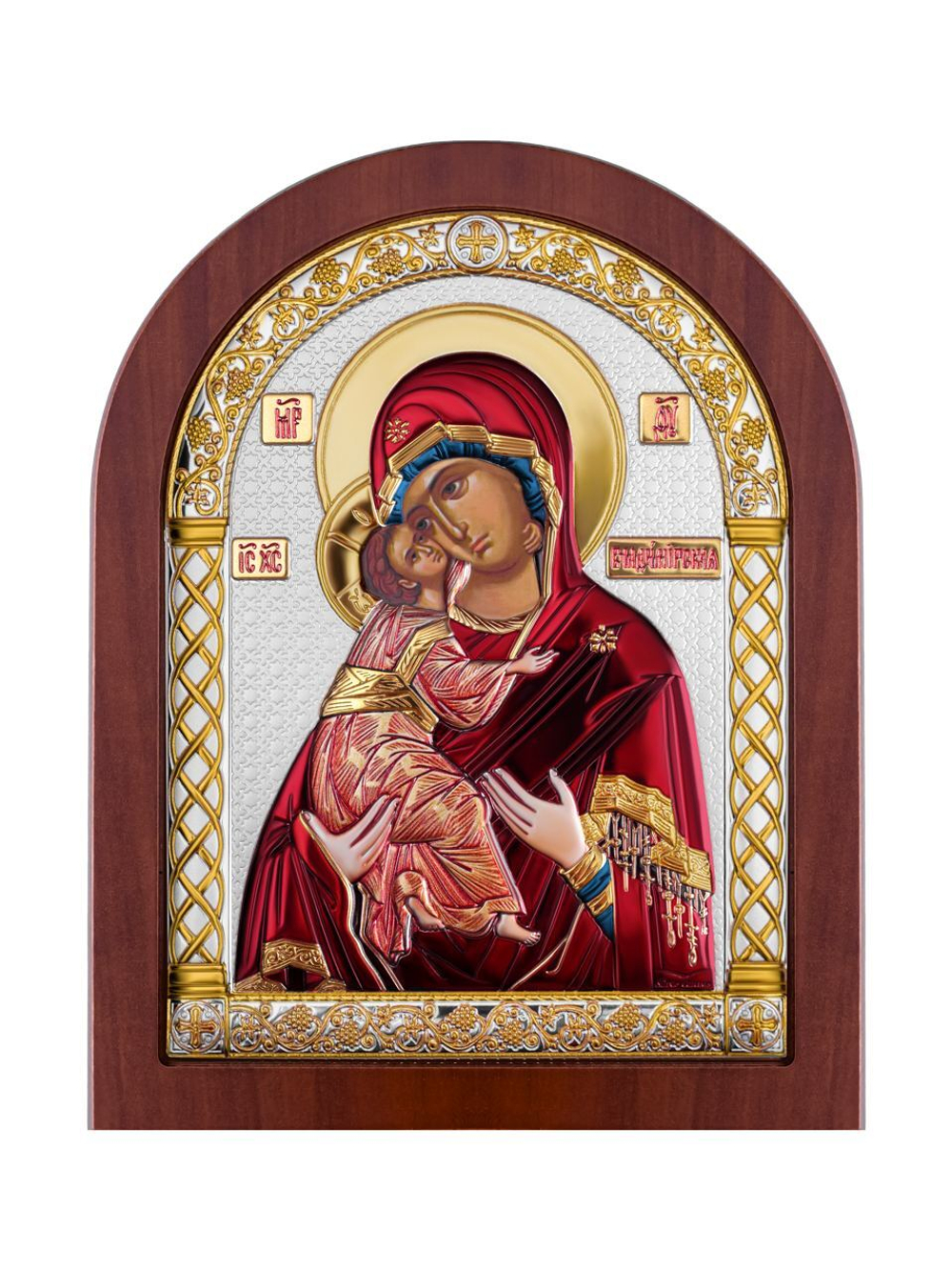 Владимирская БМ, икона арочная, красное дерево, эмаль 206х275