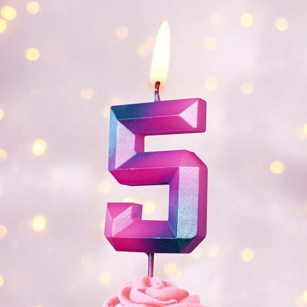 Свеча Цифра, 5 Пурпурные грани, 1,1*4,3 см, 1 шт.